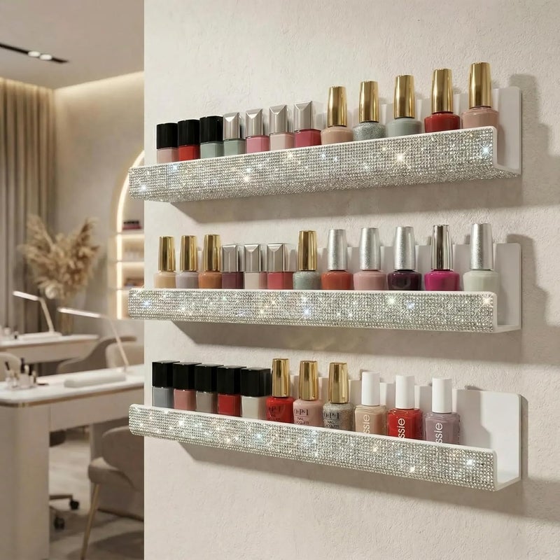 YMVV Nail Polish Wall Shelf - 15-Inch Diamond Crystal Display & Organizer Rack, Holds 60+ Polishes, Soft Ledge for Bedroom, Bathroom, Salon,6 Pack - Image 2
